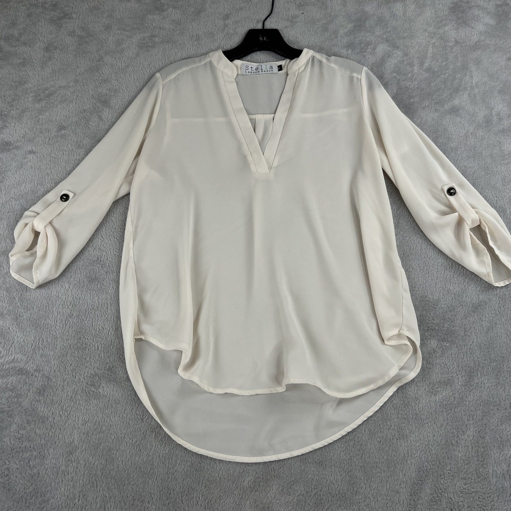 Stella Laguna Beach Roll Tab Sleeve Chiffon Blouse S Ivory V-Neck Boho Top